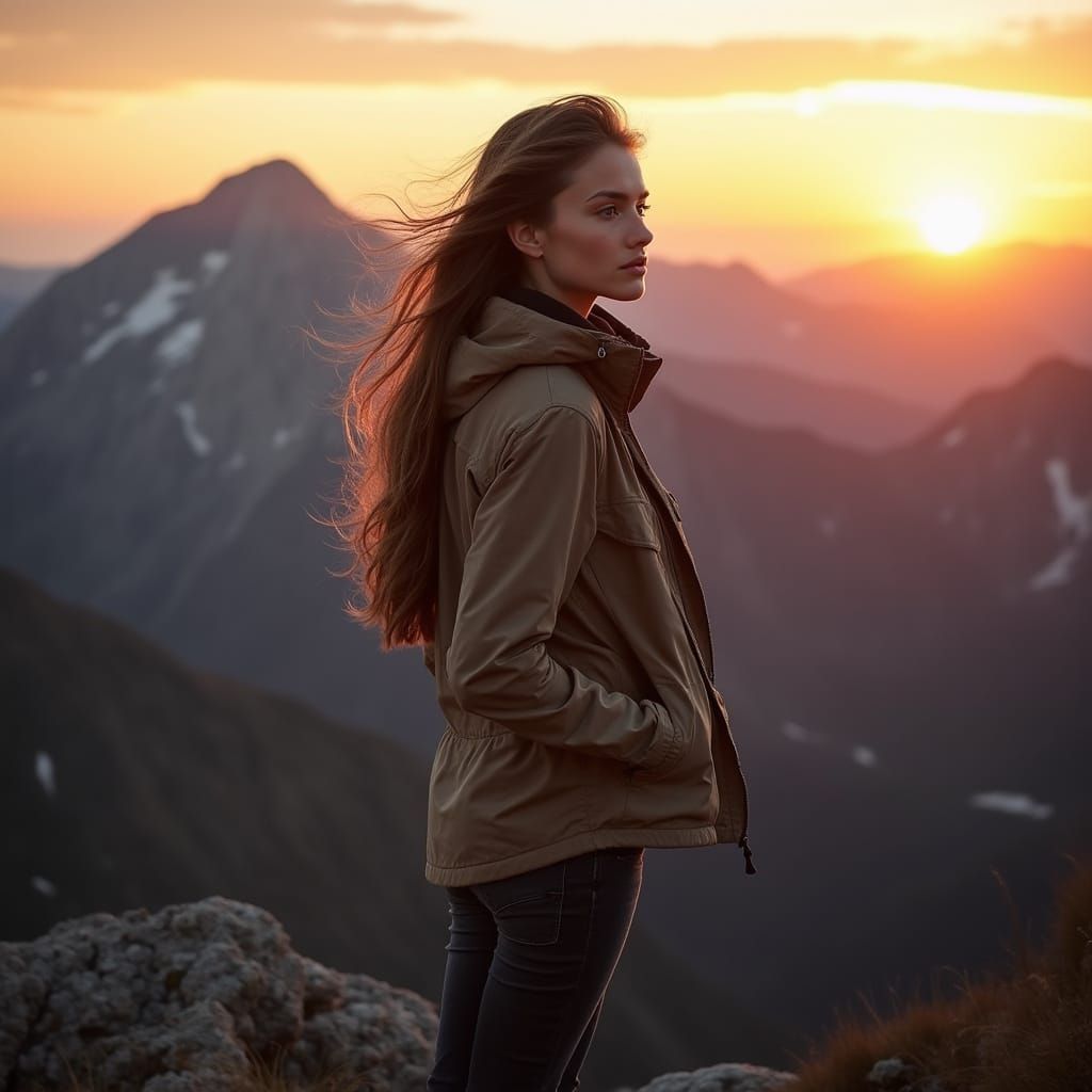 Confident Young Woman on Mountain Summit in Sunset Glow