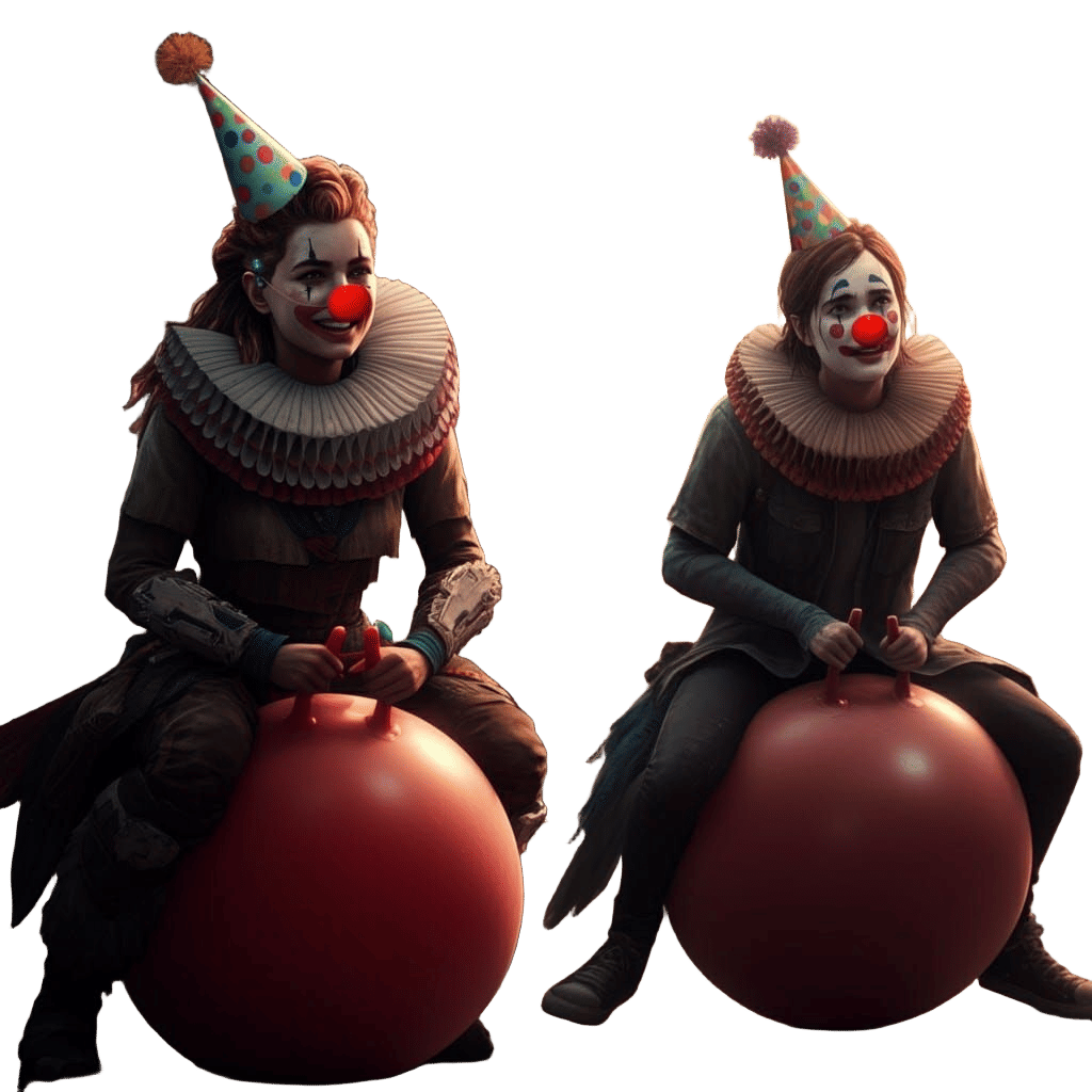 Aloy and Ellie Clown Party: Hyperrealistic Image