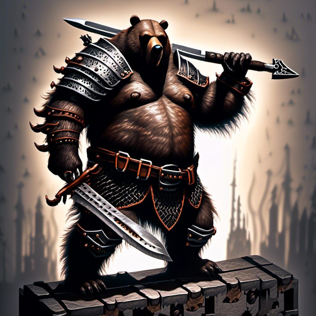 Shadow Barbarian Grizzly Bear Warrior in Steampunk Armor