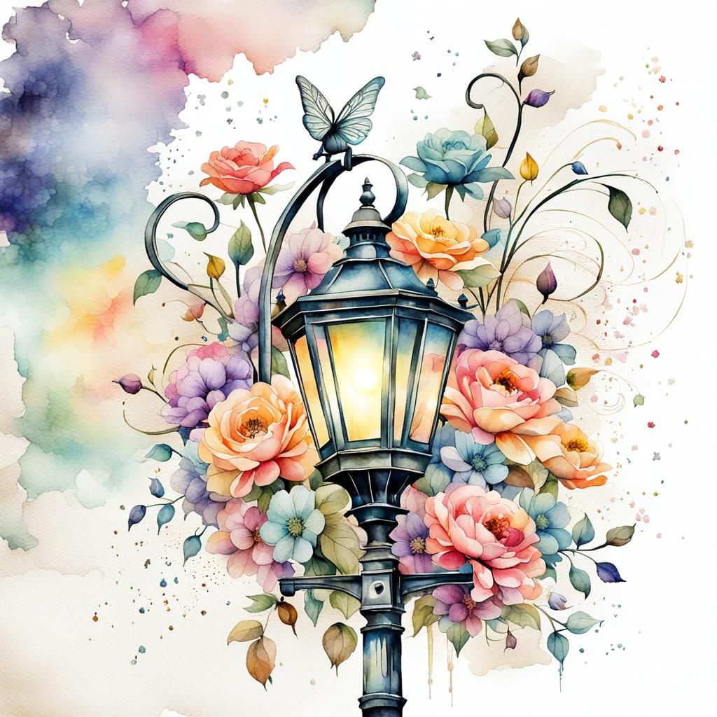 Watercolor Street Lamp Surrounded by Pastel Flowers
