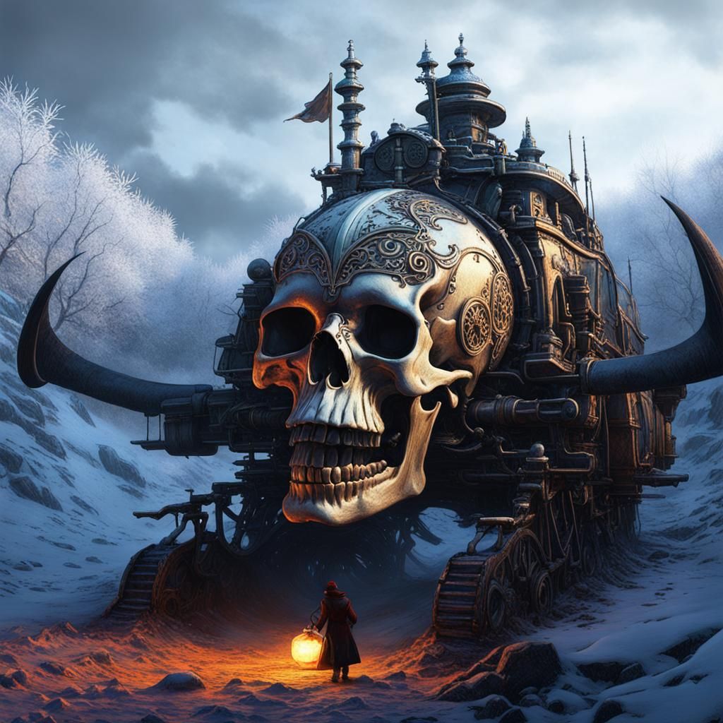 Skull and Machine God in Winter Landscape