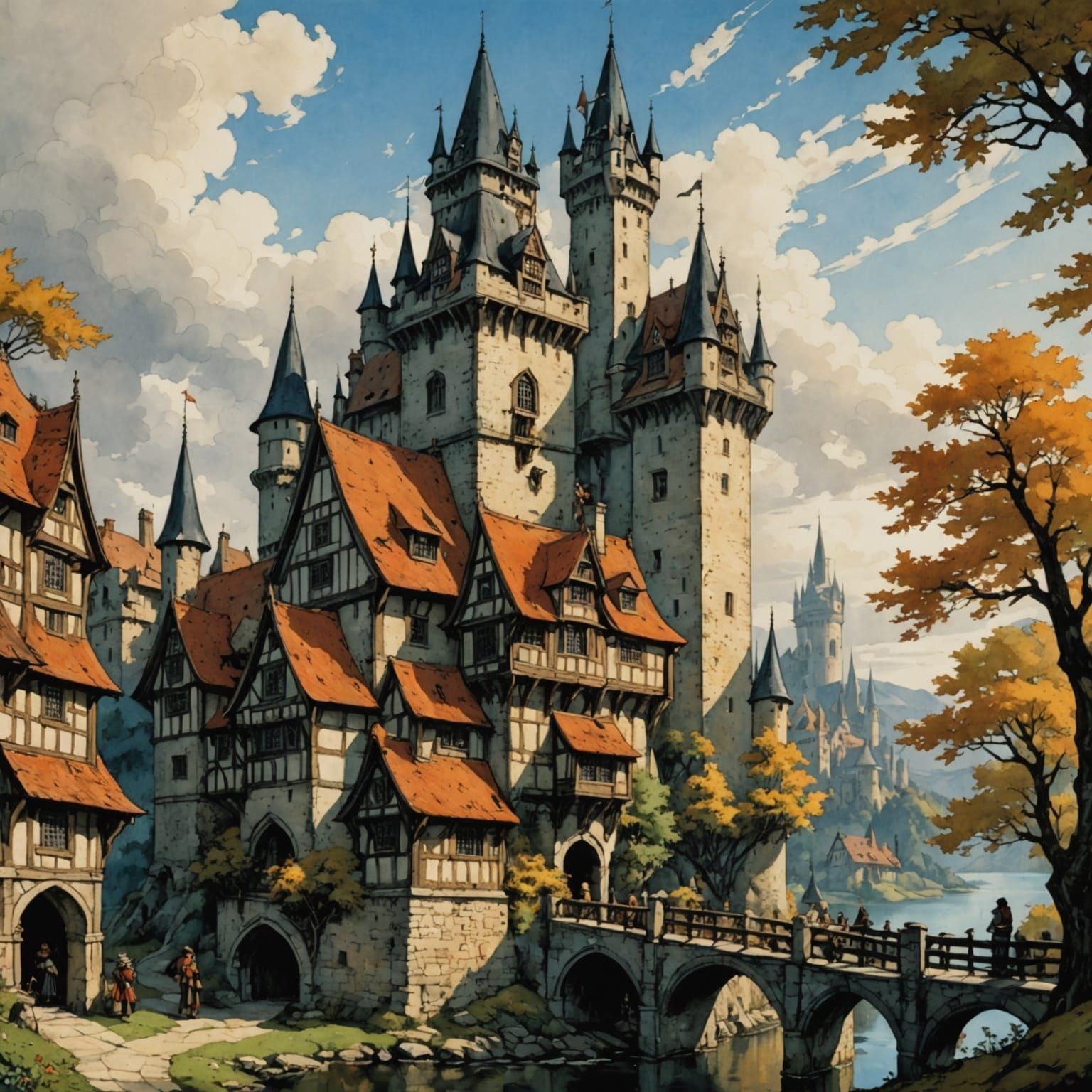 Enchanted Castle Bridge in Whimsical Fairytale Style