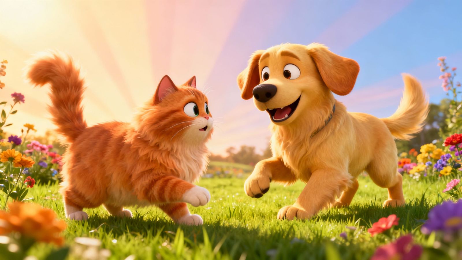 Pixar Style Cat and Dog Friends in Backyard