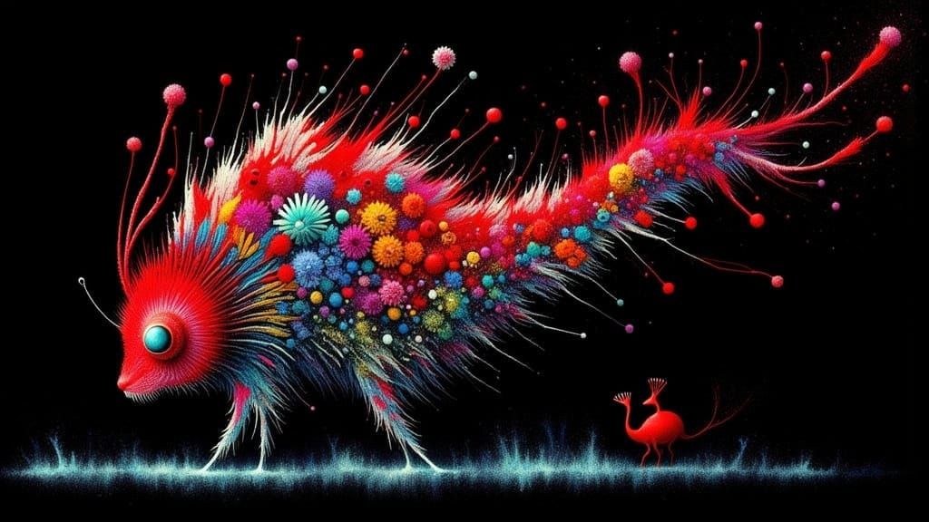 Vibrant Fragmented Creature Collage in Mixed Media