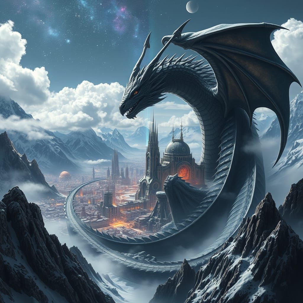 Ancient Dragon Guards Futuristic City in Dark Fantasy Art