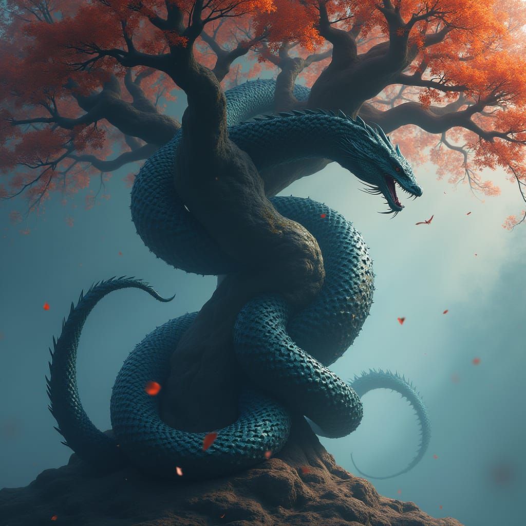 Surreal Fantasy King Vasuki Majestically Entwined Around a M...