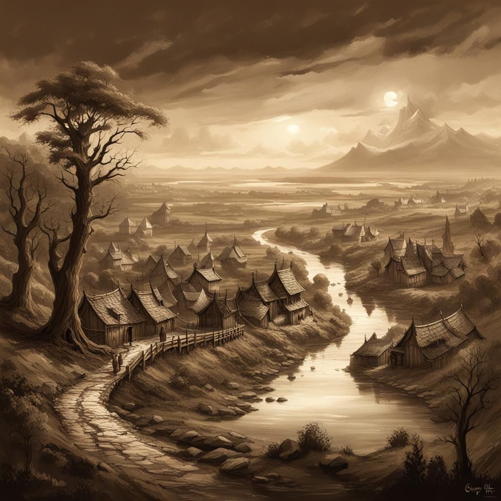 Sepia Valley View: Dark Fantasy Landscape