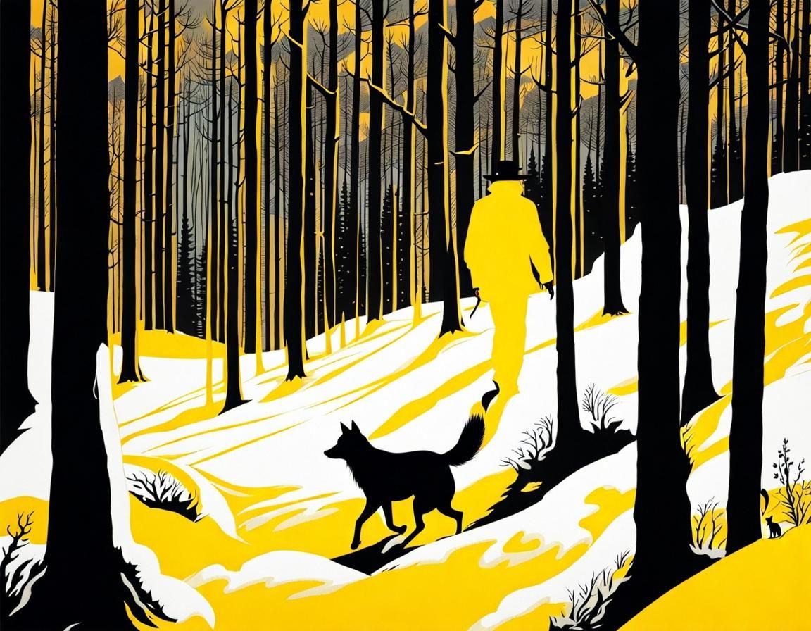 Man and Dog in Snowy Forest with Fox