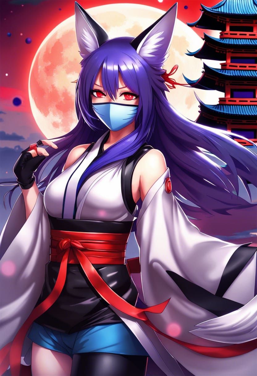 Kitsune Ninja in Anime Style with Two Moons