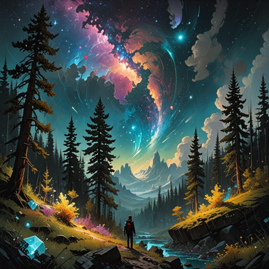 Crystal Forest Beneath Swirling Starry Galaxy