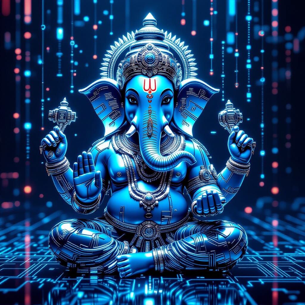 Cybernetic Lord Ganesha with Glowing Microchips