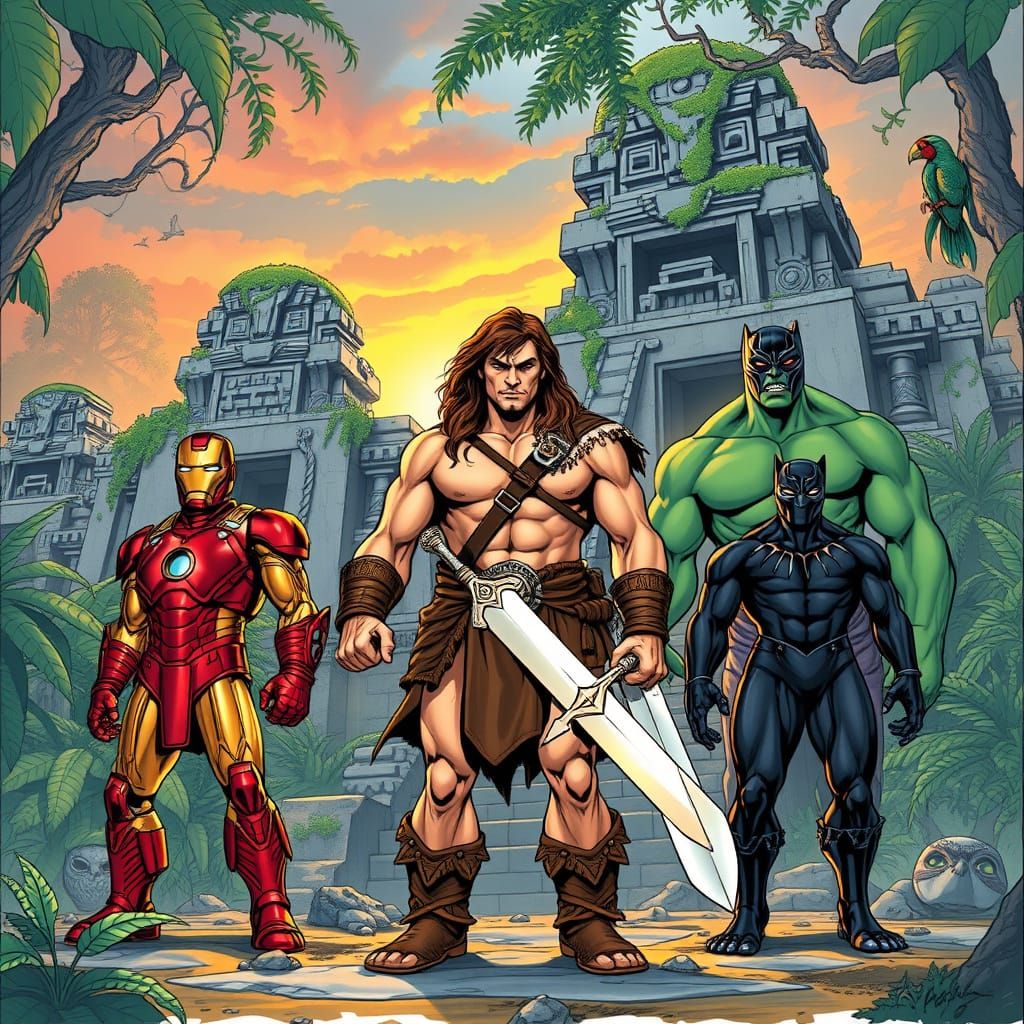 Epic Heroes Unite in Ancient Aztec Temples at Sunset