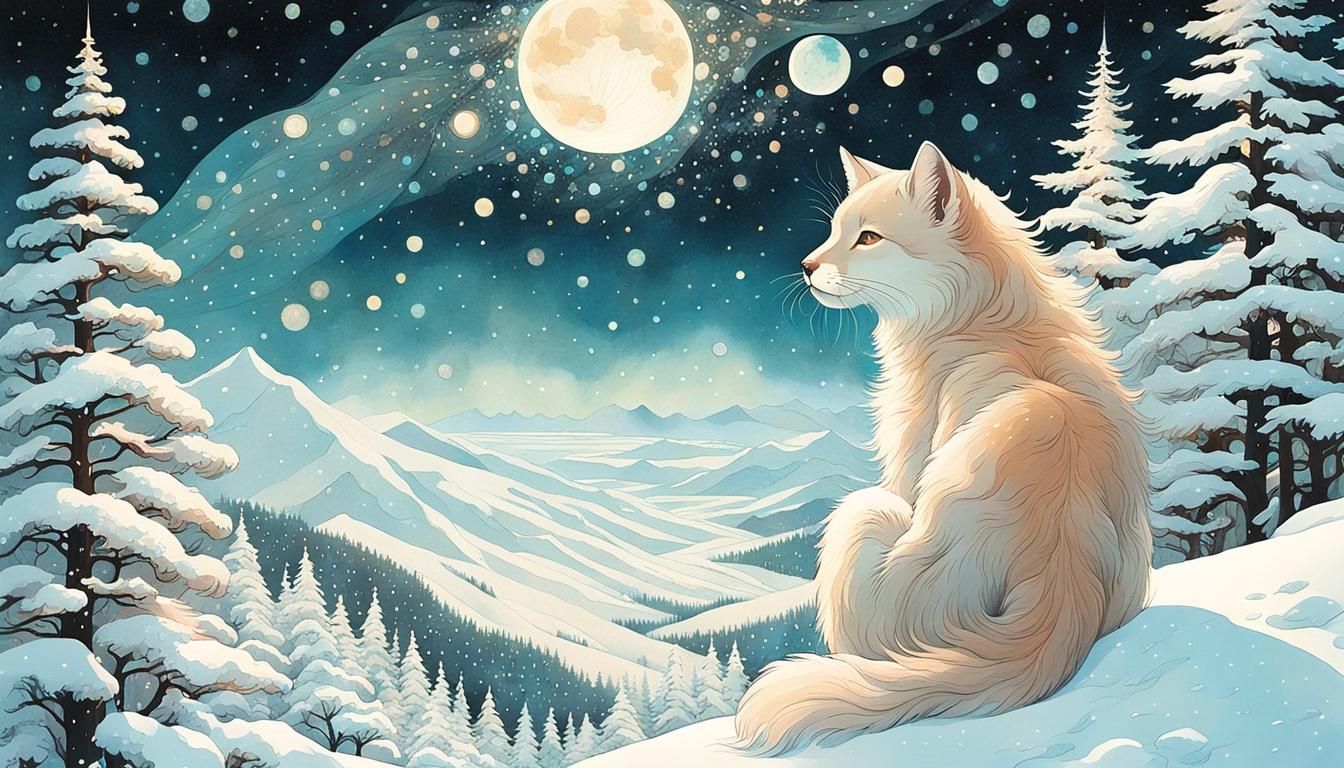 Dreamy Mythical Creature in Snowy Mountain Landscape