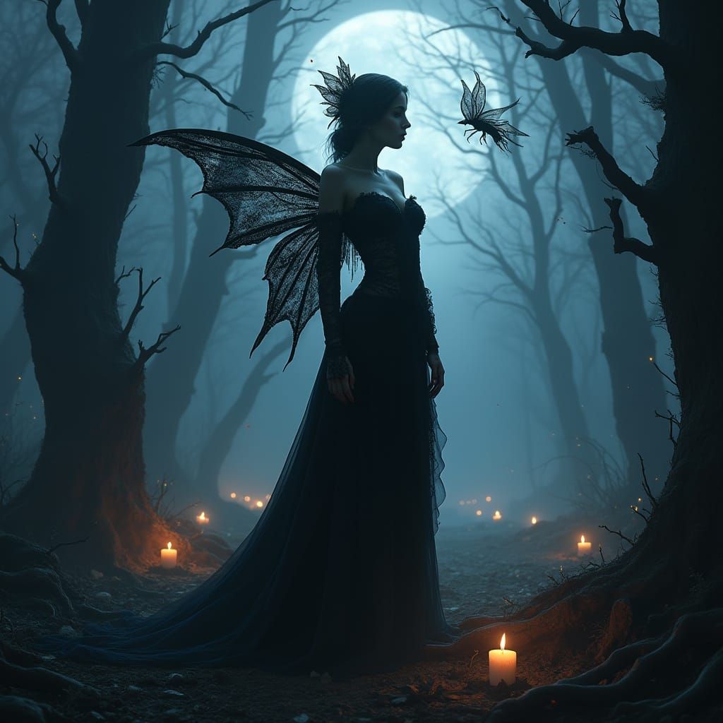 Dark Fantasy Vampire Fairy in Tattered Velvet, Surrounded by...