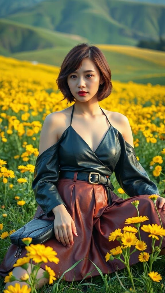 Elegant Korean Woman Embraces Wildflowers in Cyberpunk Leath...