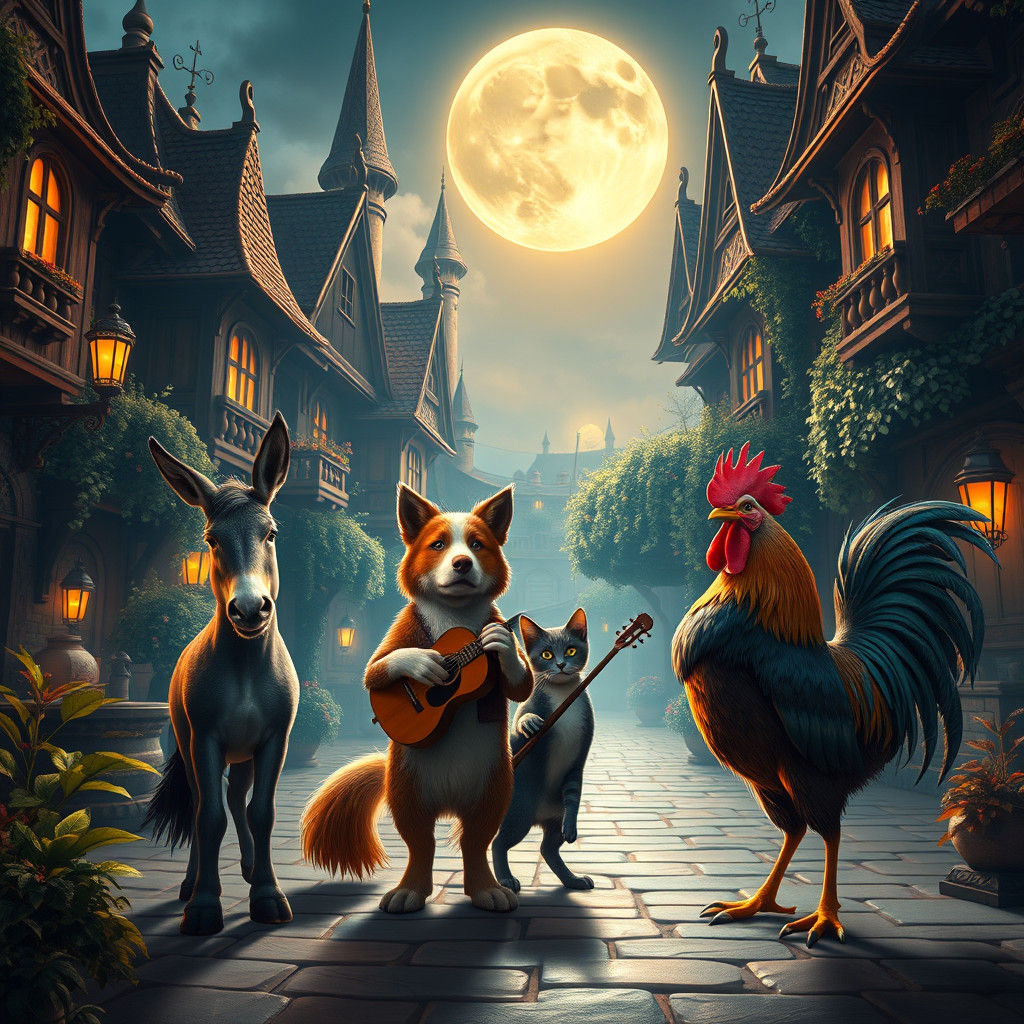 Town Musicians of Bremen in a Moonlit Square