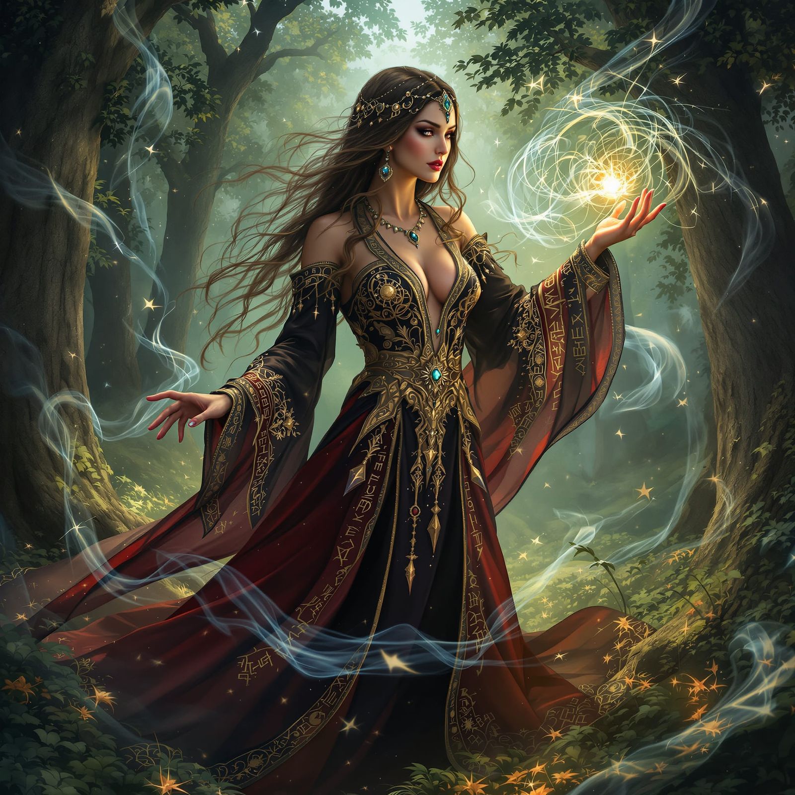 Sorceress Spellcasting in Mystical Forest Clearing