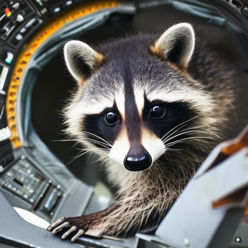 Raccoon inside fighter jet cockpit