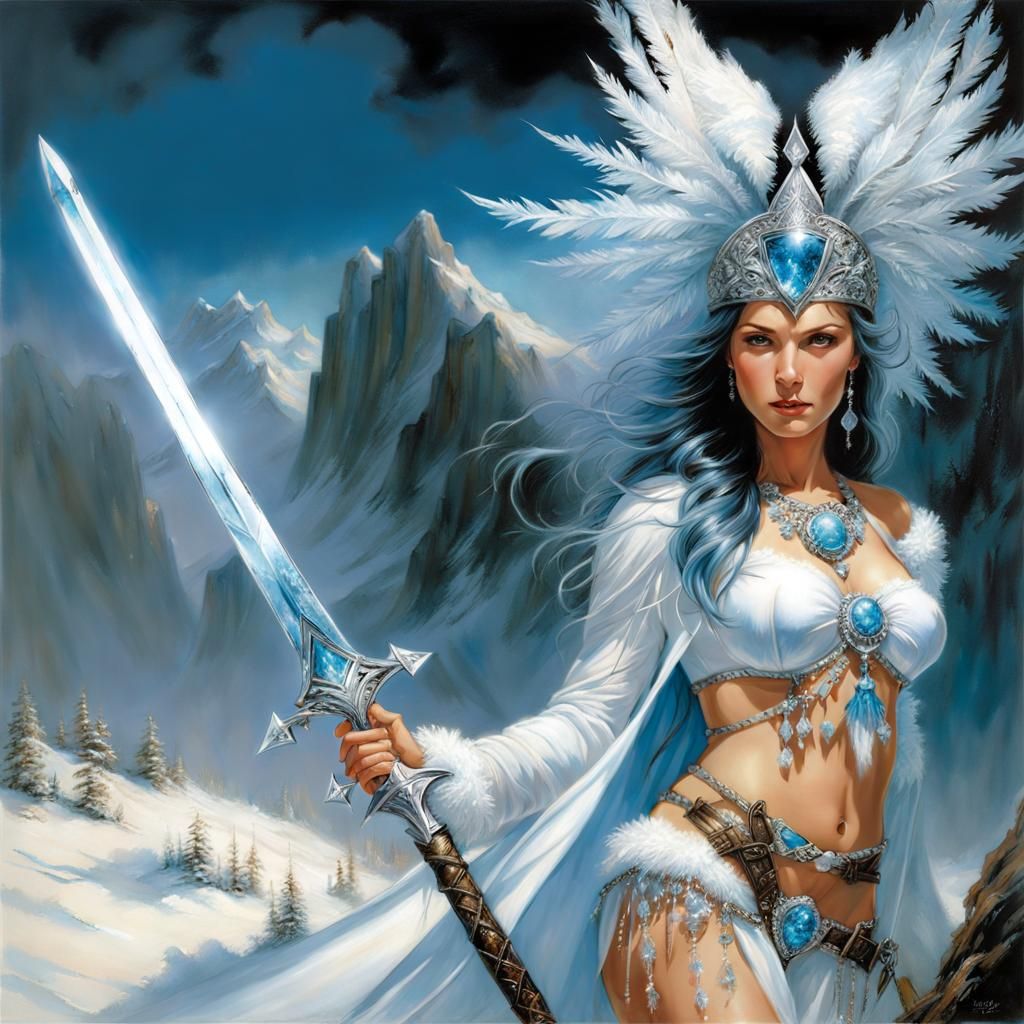 Ice Princess with Glowing Sword in Romantic Style