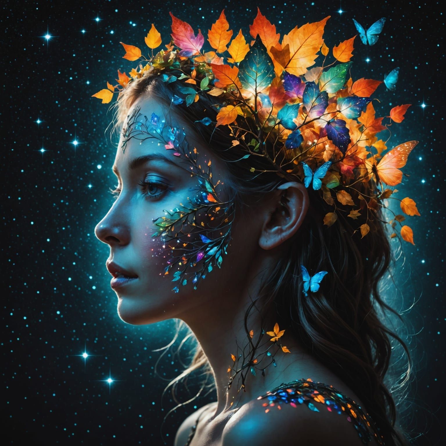 Enchanted Fairy Profile in Vibrant Tree of Life Under Celest...