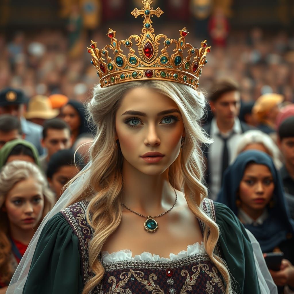 Blonde Queen With Crown Before a Crowd, Digital Art