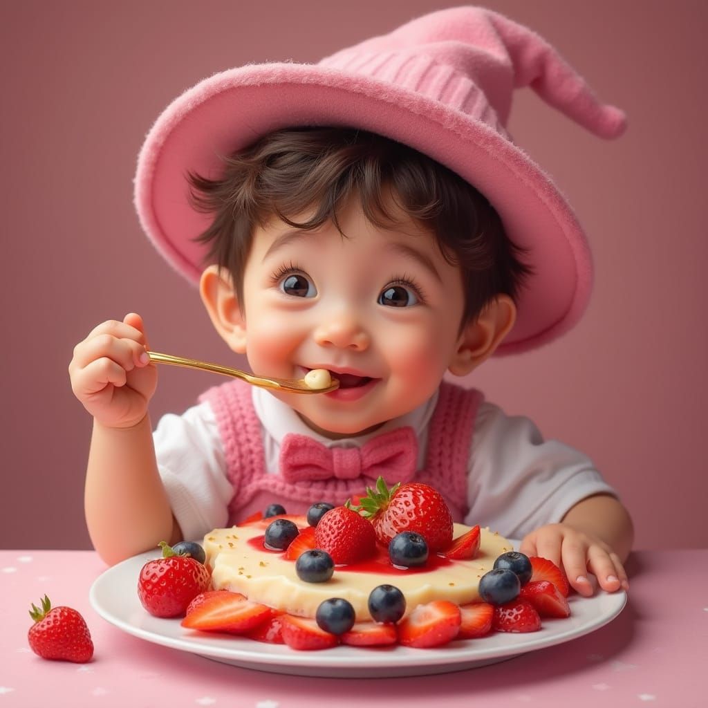 Portrait of happy Andy Pandy eating a Valentine's platter of...