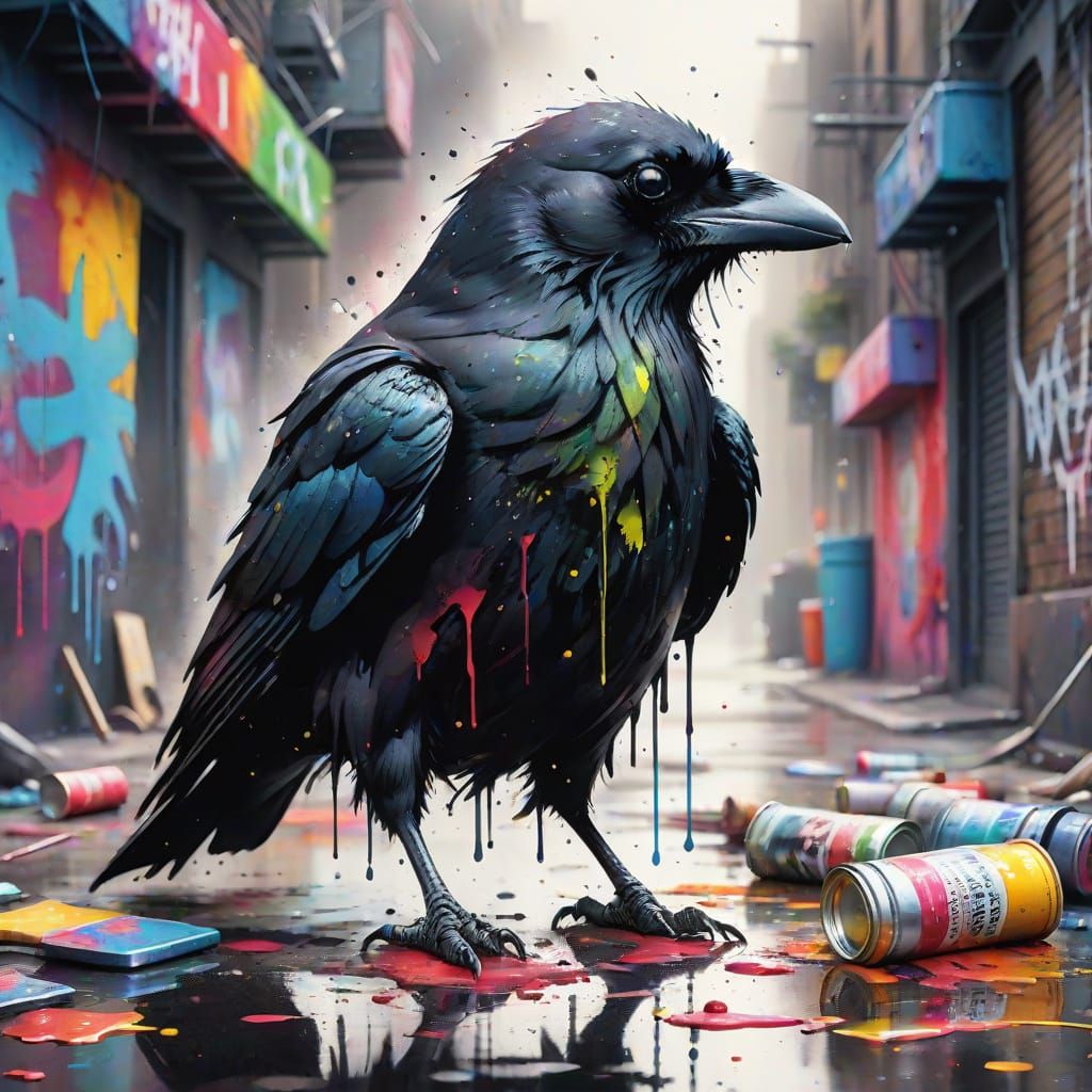 Vibrant Watercolor Crow in Urban Graffiti Style