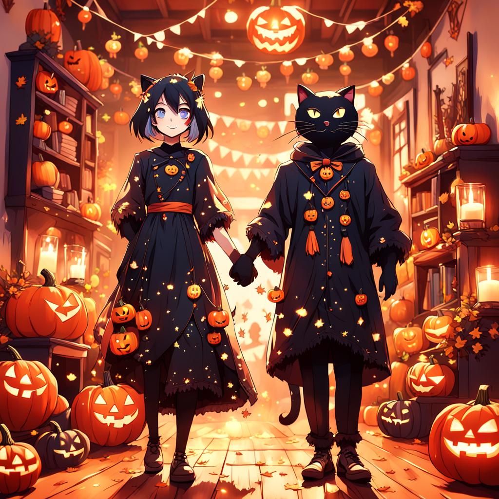 Charming Halloween Couple in Whimsical 3D Anime Art