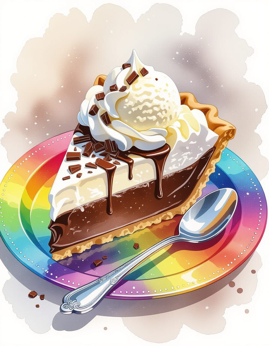Whimsical Chocolate Cream Pie Slice on Rainbow Plate