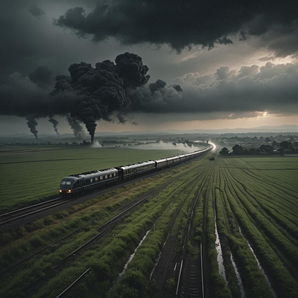 Lonely Train Amidst Gloomy Fields