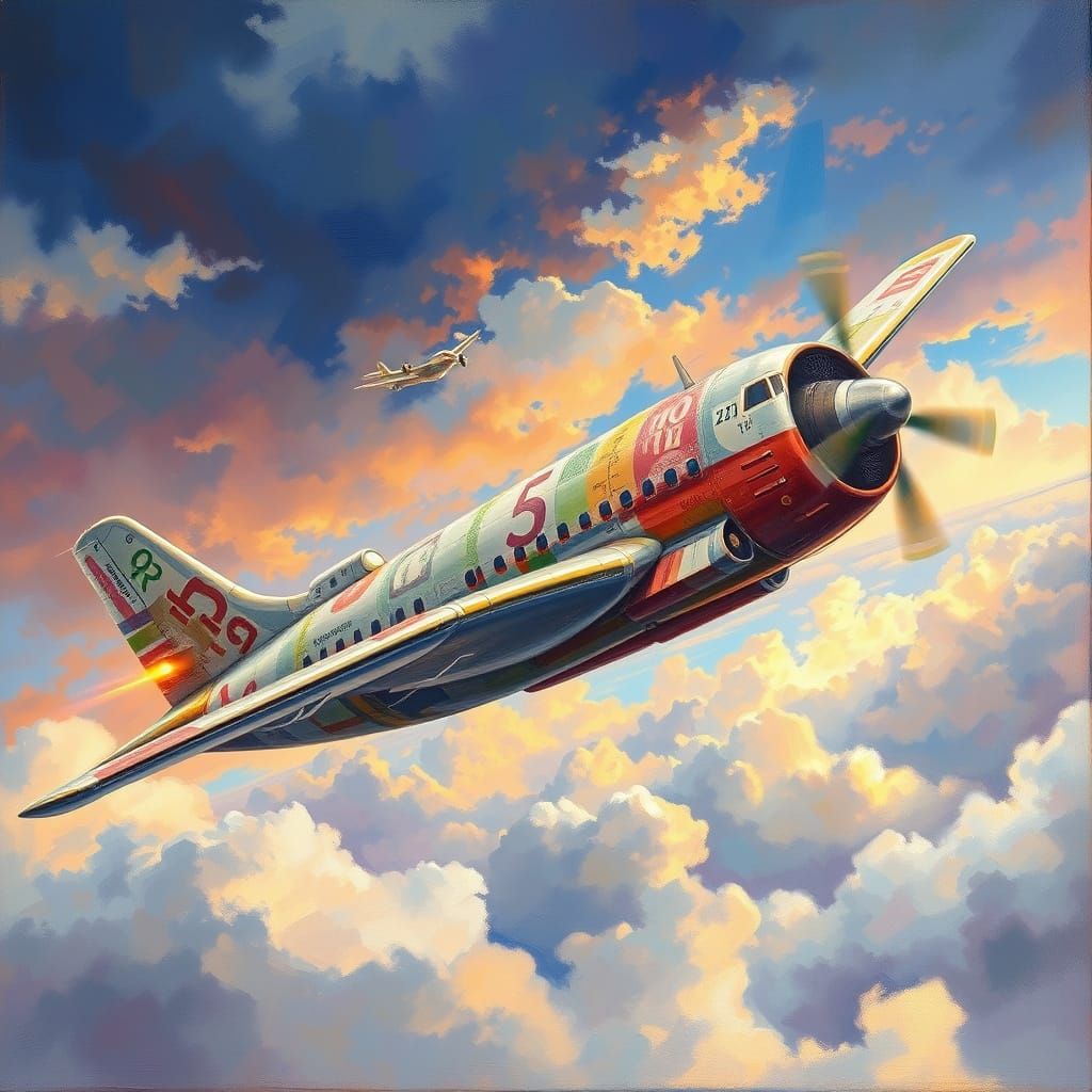 Fantastical Airplane Made of Banknotes Soaring in Vibrant Sk...
