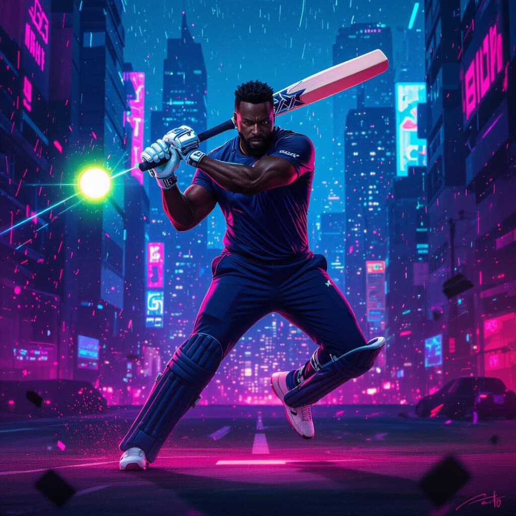 Andre Russell Hits Glowing Ball in Neon Cityscape