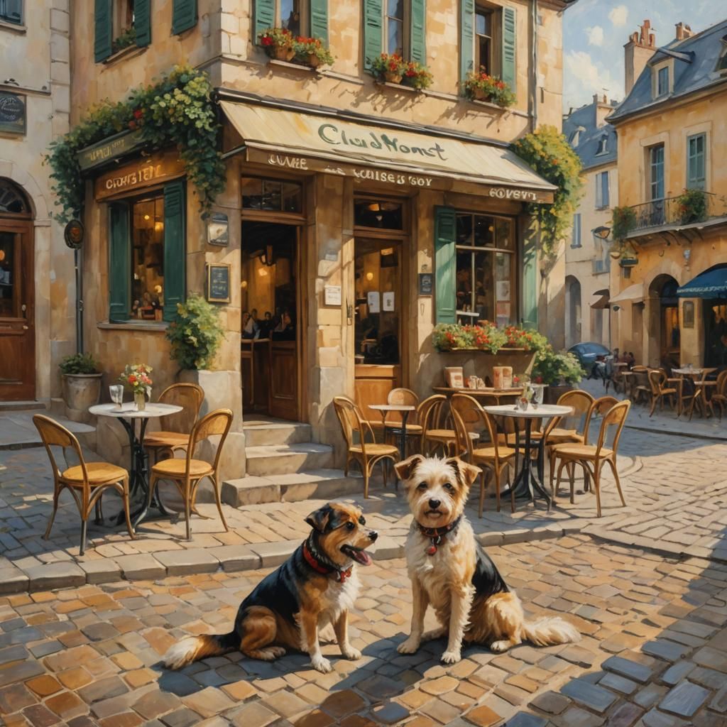 Dog at French Cafe in Impressionist Style