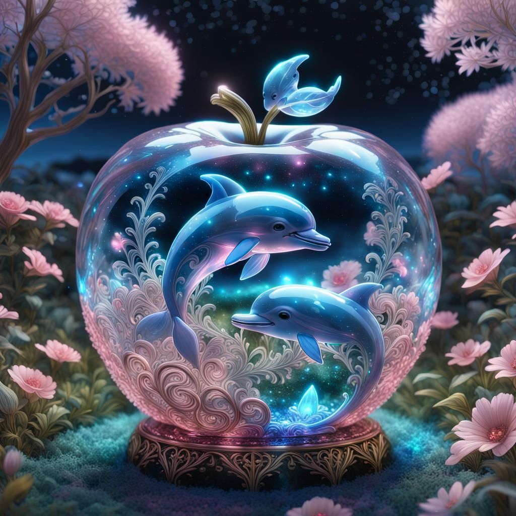 a Shiny glowing crystal dolphins inside glass apple