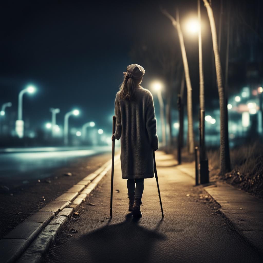 Hyperrealistic Image of Blind Girl Walking at Night