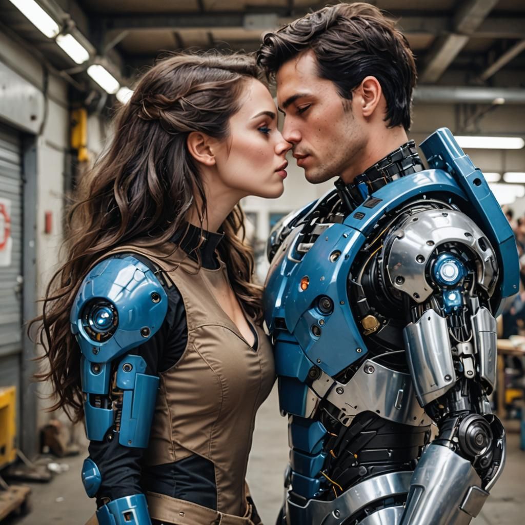 Couple Kissing in Robotic Suit and Military Fatigues