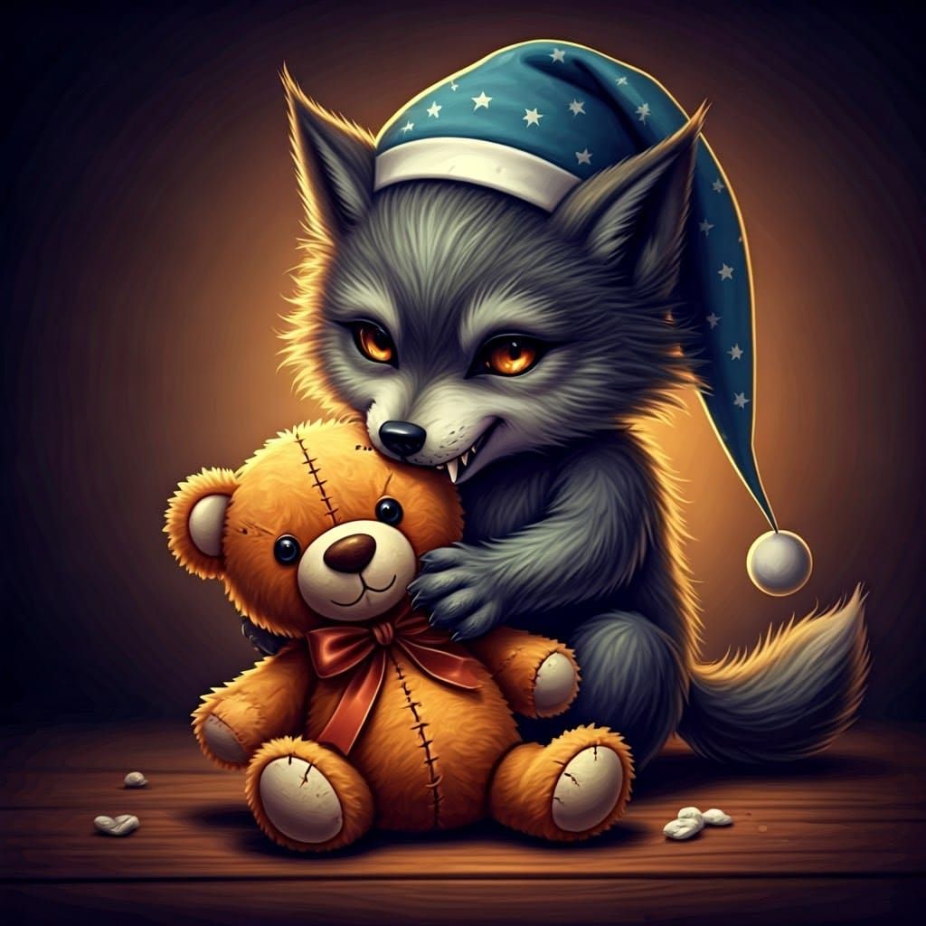 Cherubic Werewolf Biting Doll in Dark Fantasy Style
