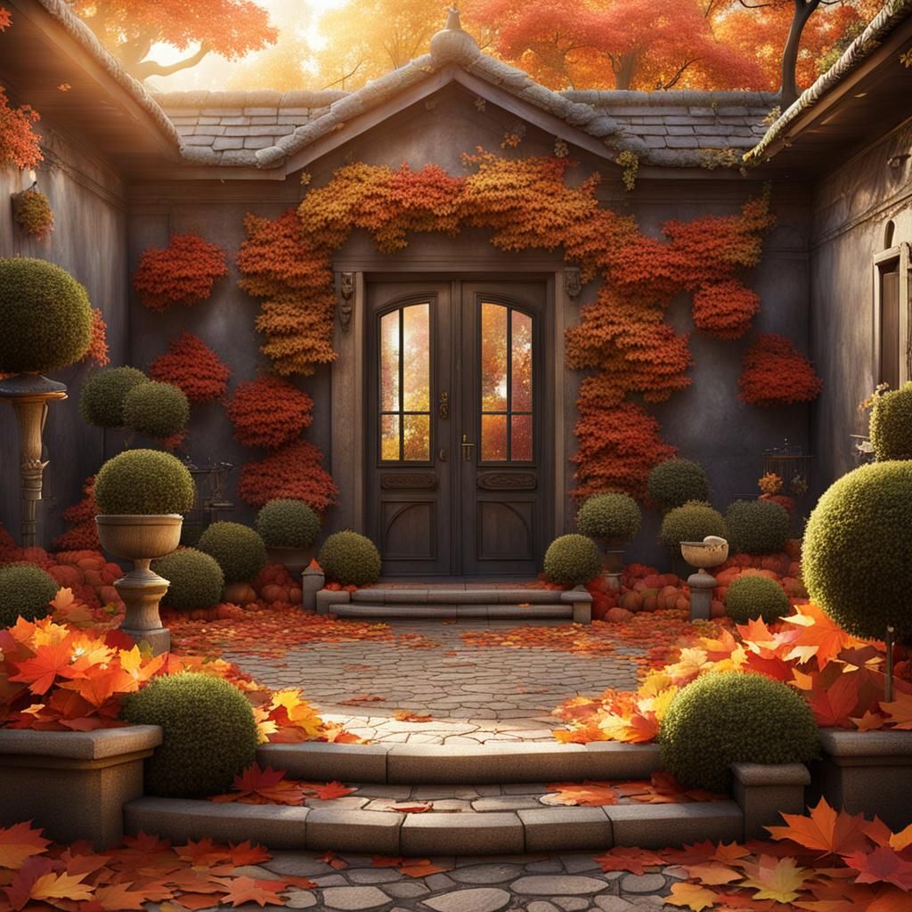 A fantasy garden courtyard in autumn with fallen leaves.
