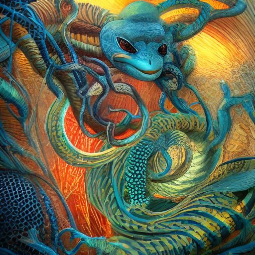 Surreal Woman Embracing Snake-Spider Being in 3D