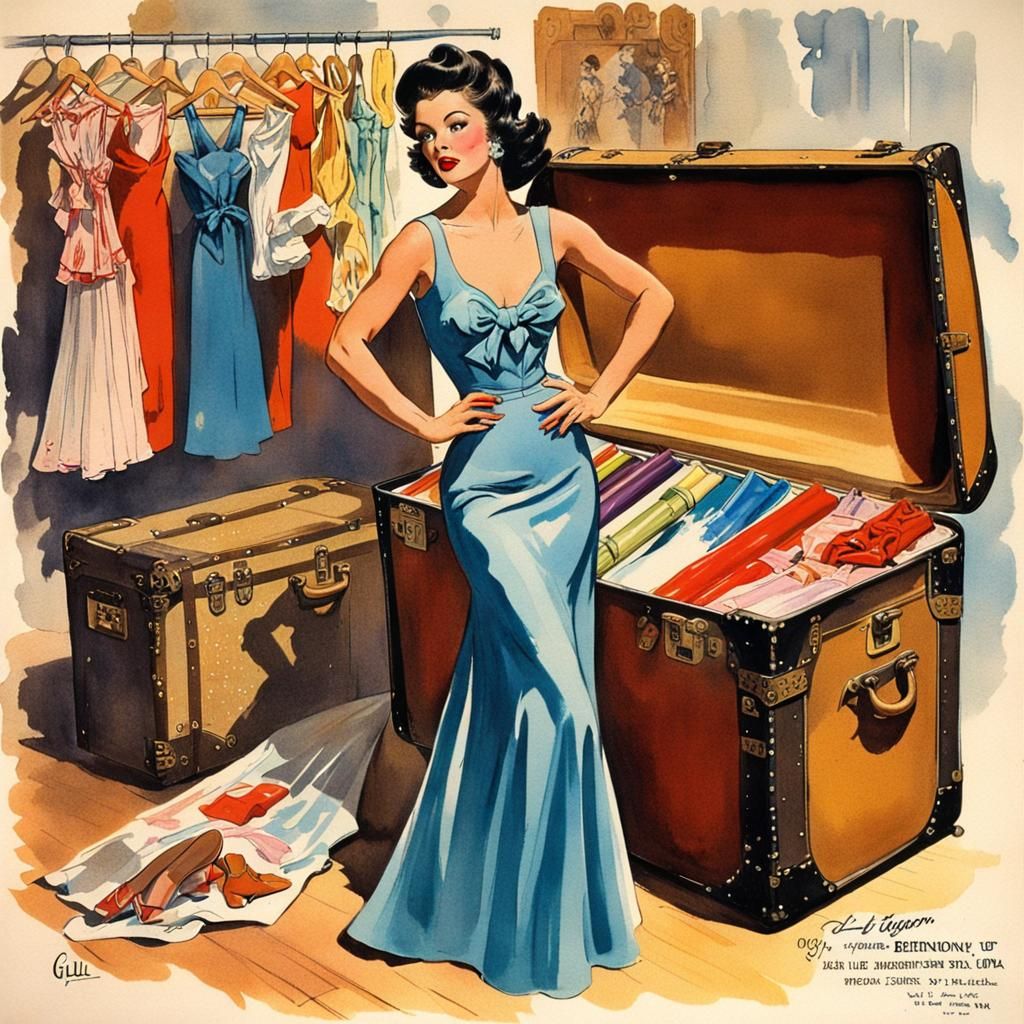 Glamorous Brunette in Vintage Fashion Ad, Pin-Up Art