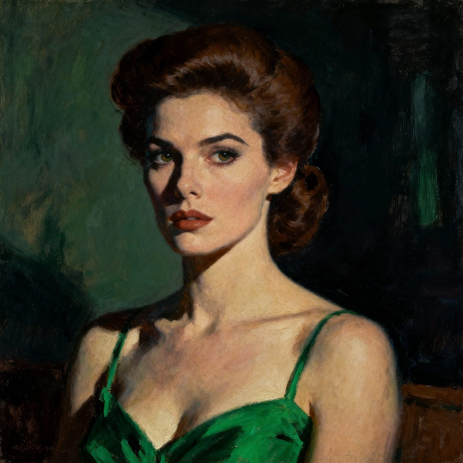 Film Noir Portrait of a Beautiful Woman in Green Gown