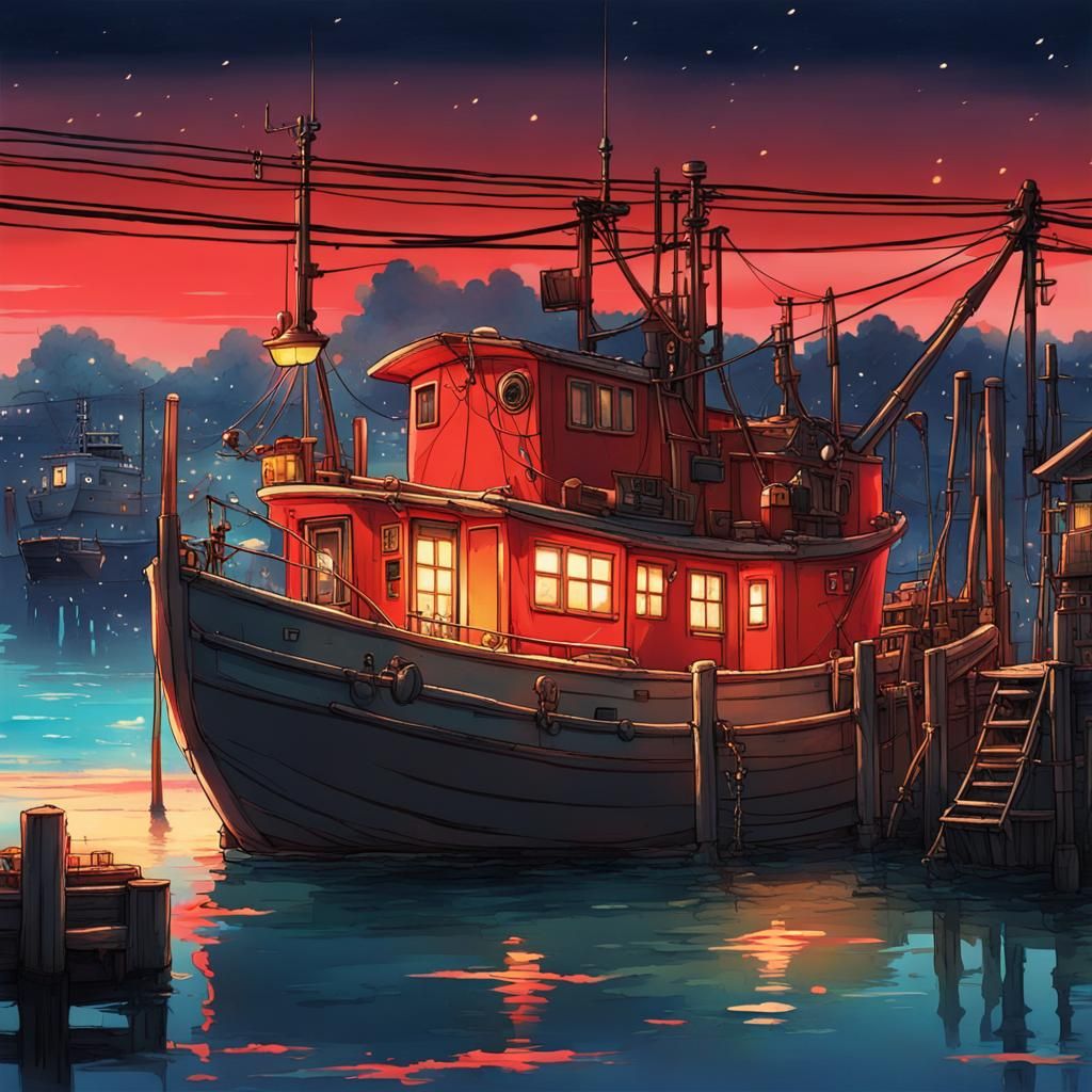 Cozy Red Fishing Trawler: Studio Ghibli Anime Art