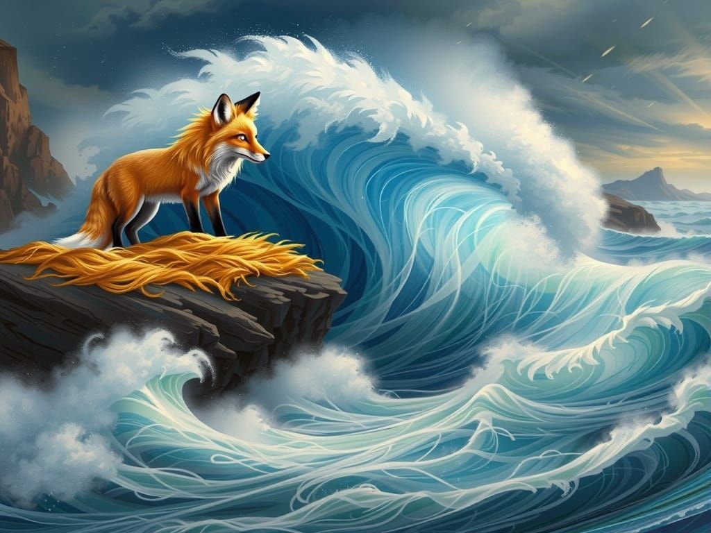 Vibrant Ocean Cliff Scene with a Long-Haired Fox in Hyper-Re...