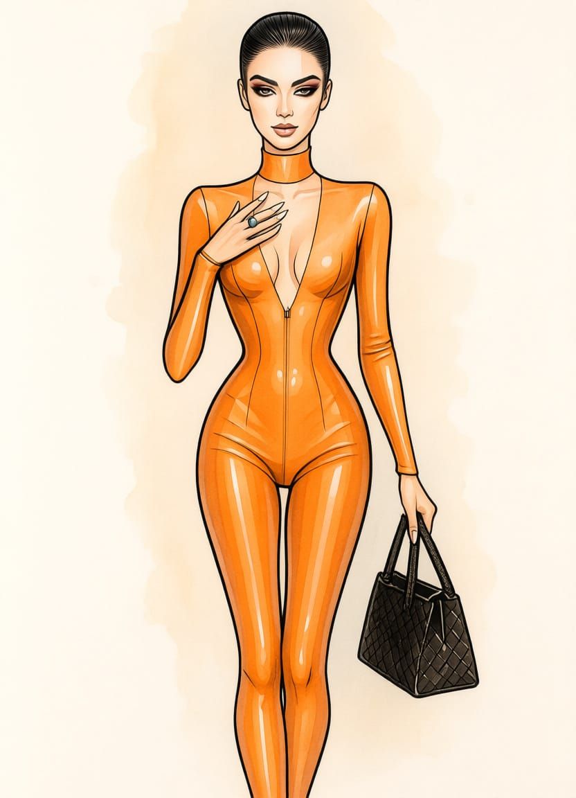Woman in High-Gloss Orange Latex Catsuit