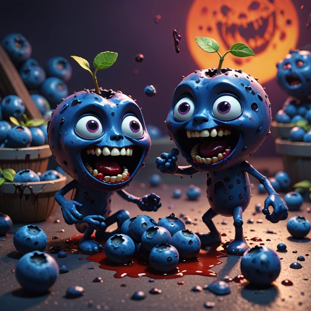 Gory Blueberry Character Eats Another in Evil Setting