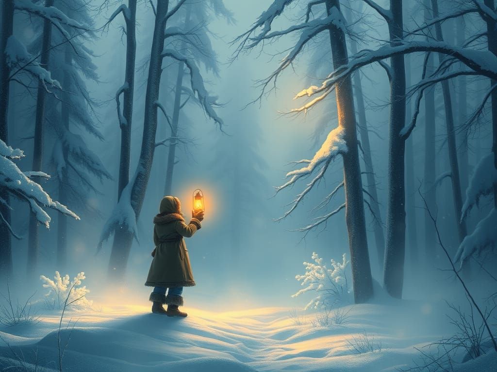 Winter Hope: Lantern Light in the Style of Shishkin