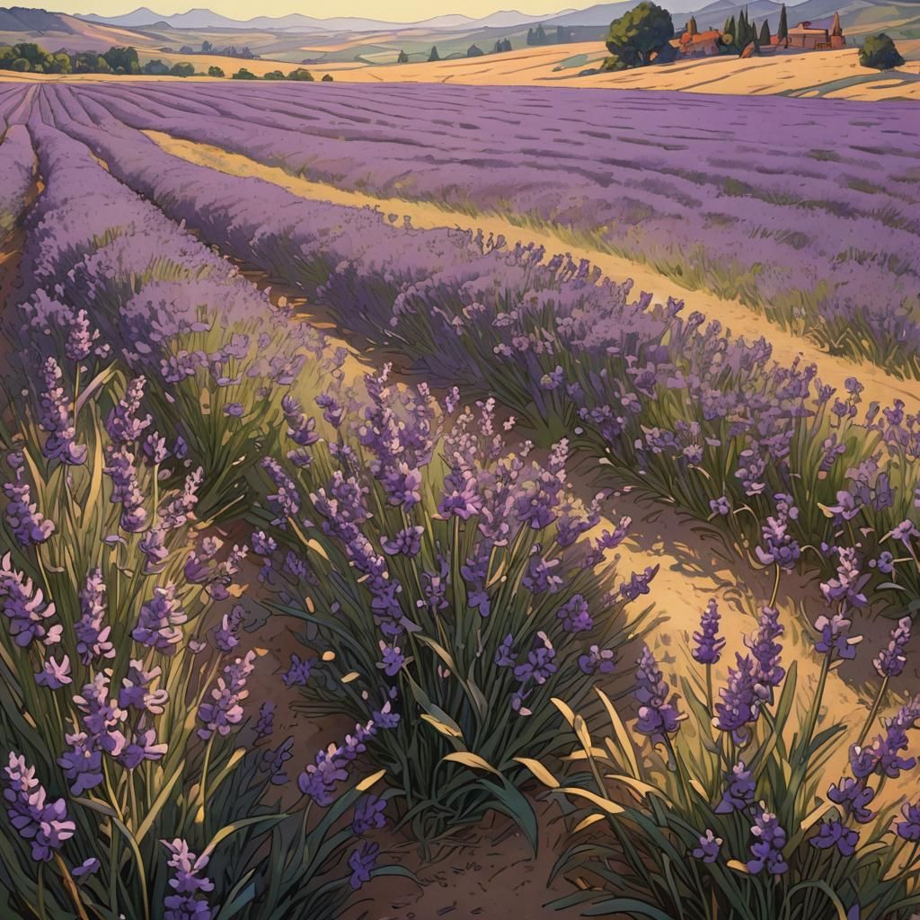 Lavender Fields in Art Nouveau Style