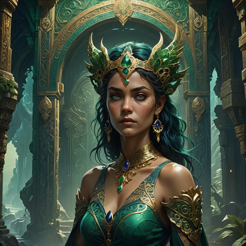 Mystical Woman in Emerald and Sapphire Fantasy Art