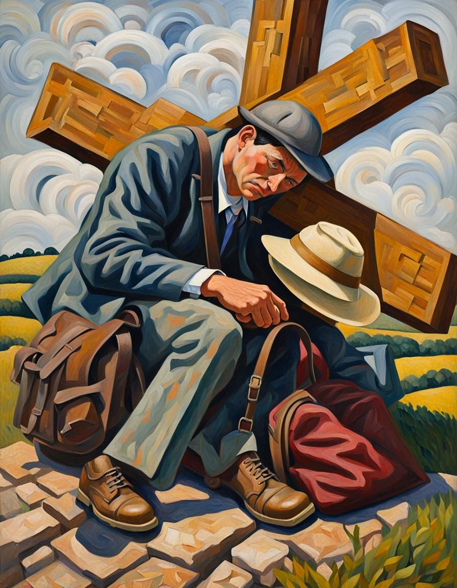 Pilgrim at Cross in Expressionist Style