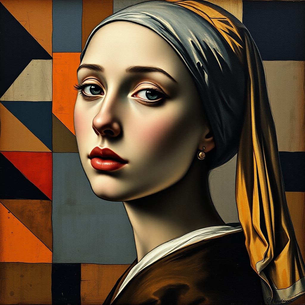 Renaissance Grisaille Portrait in Vibrant Geometric Patterns